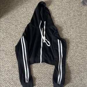 Black Cropped Hoodie with White Stripes